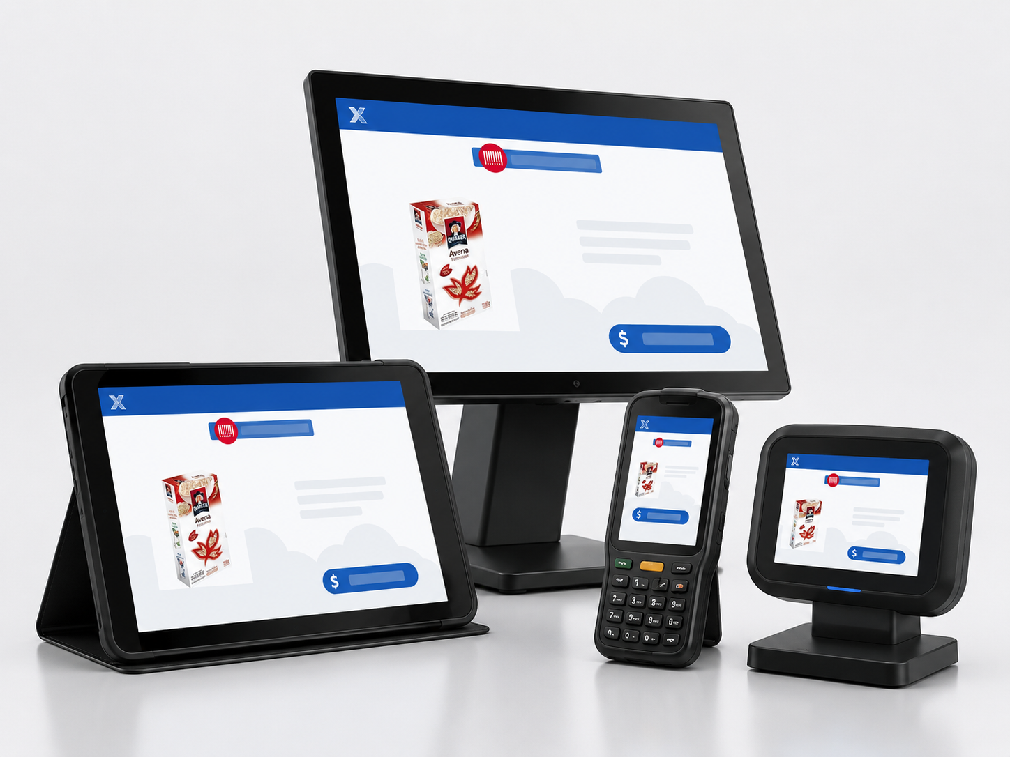 XConsultador on a monitor, tablet, handheld terminal and price checker