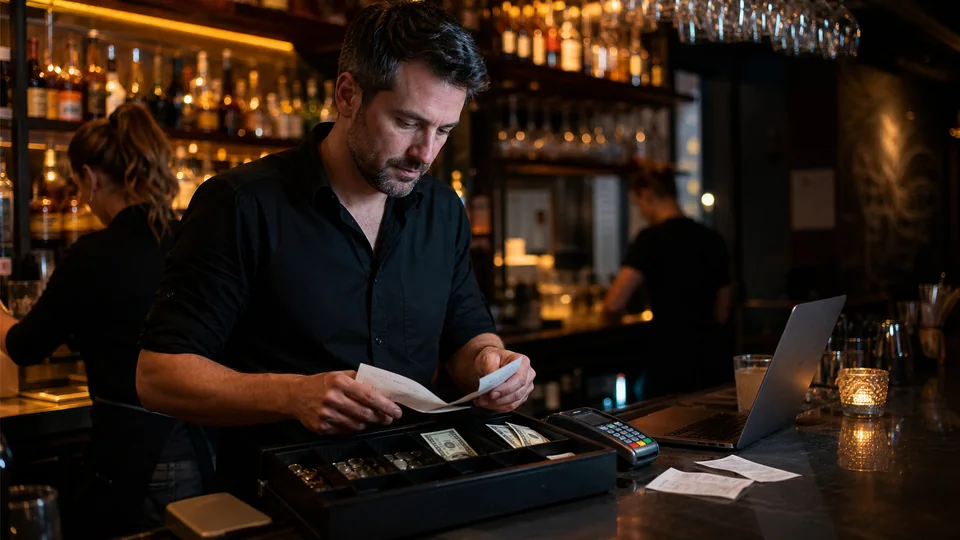 Bar manager reconciling cash and payment methods at shift closing