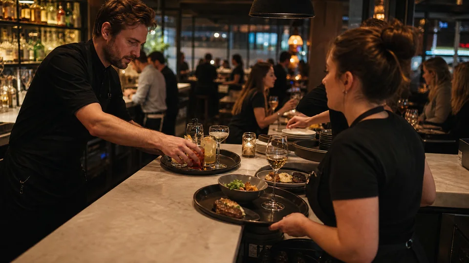 Bartender and server coordinating orders between front of house and bar