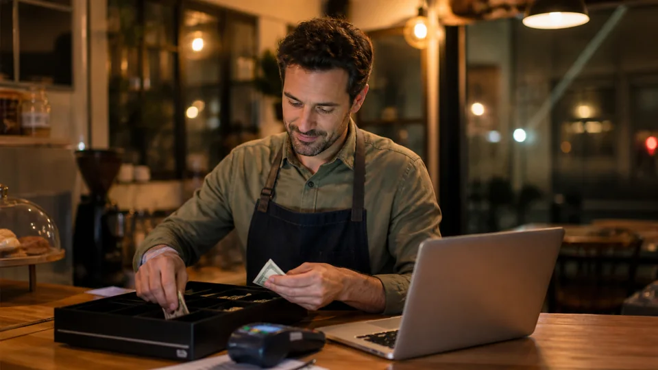 Coffee shop manager reviewing sales and payments at shift closing