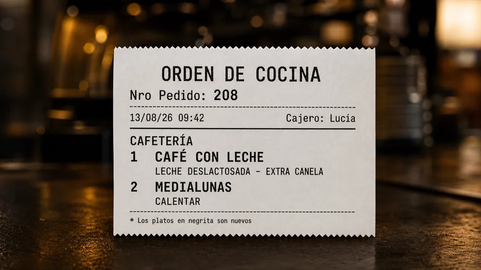 Realistic coffee shop kitchen ticket with products and preferences