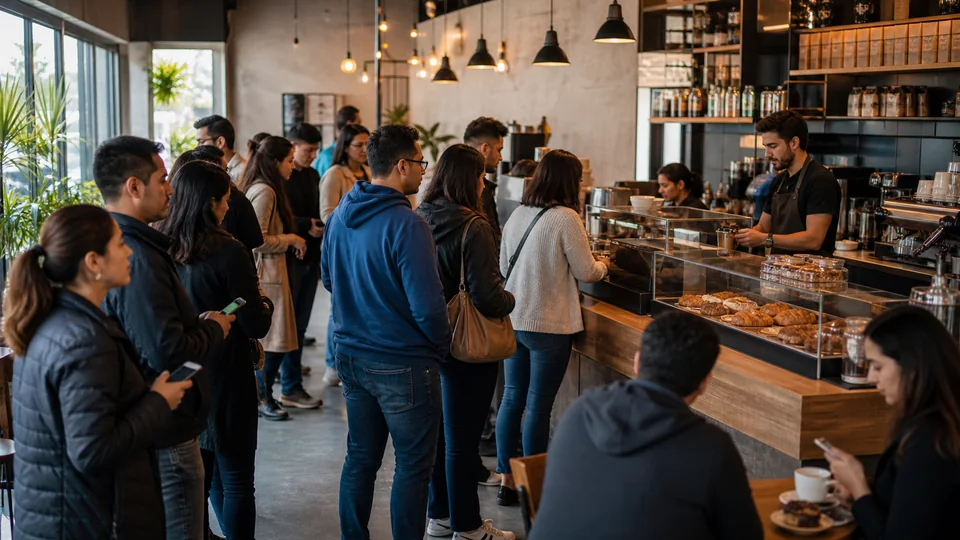 Customers waiting to order during a coffee shop peak hour