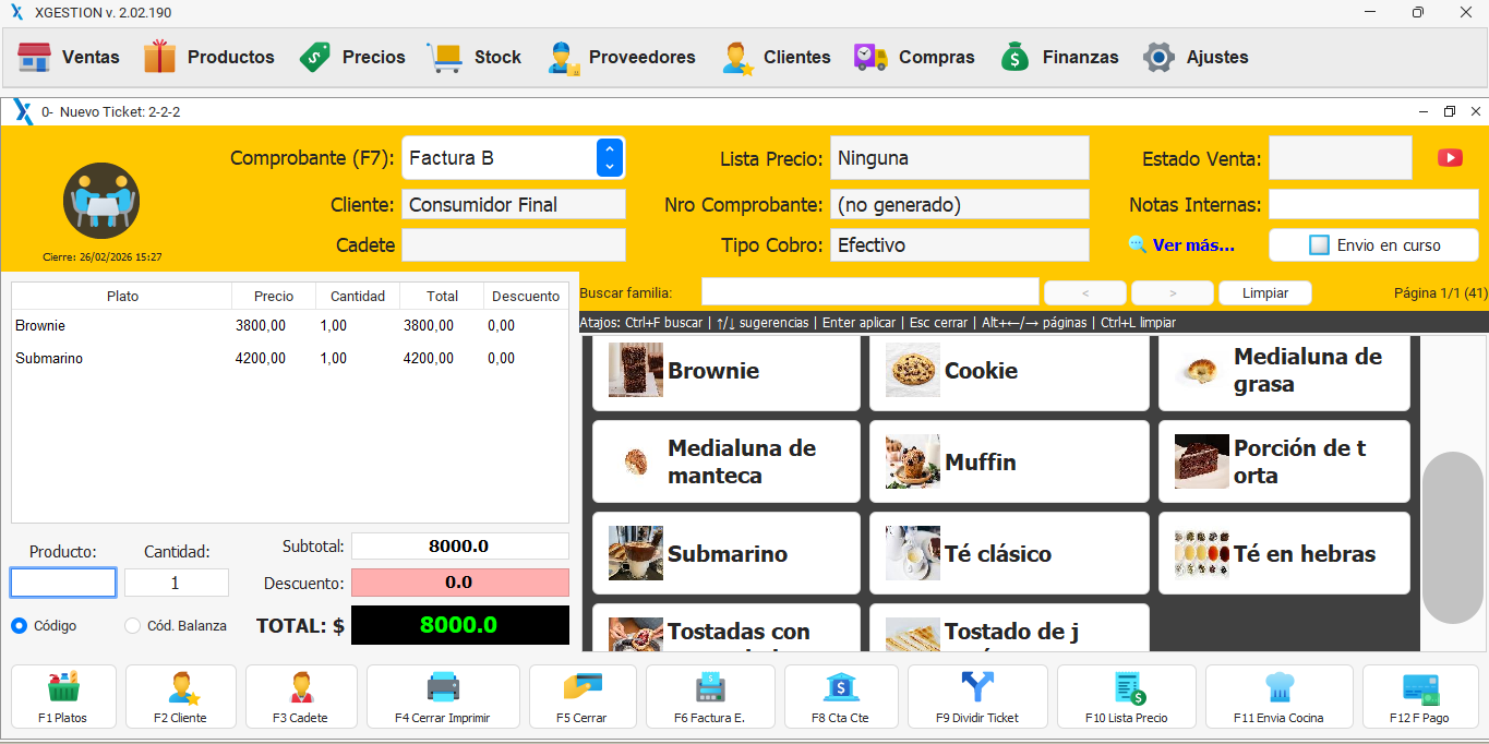 Coffee shop visual menu with products and sales cart in XGestion
