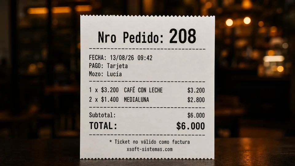 Realistic coffee shop thermal ticket with products, order number and total