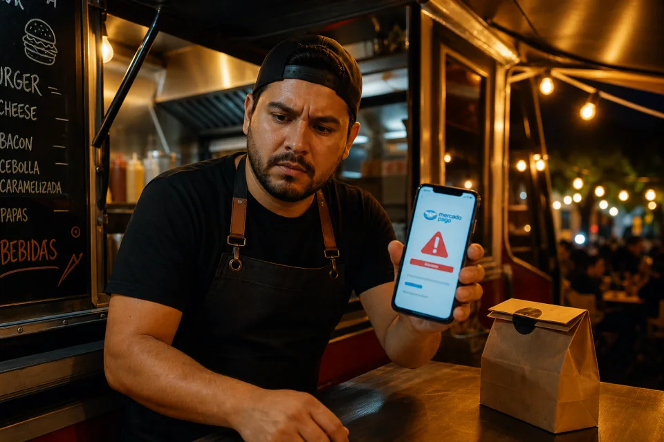 Food truck operator checking an alert on a Mercado Pago receipt