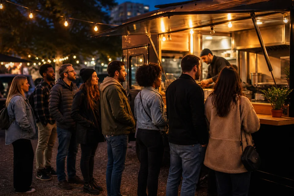 Customers waiting in line to order at a food truck
