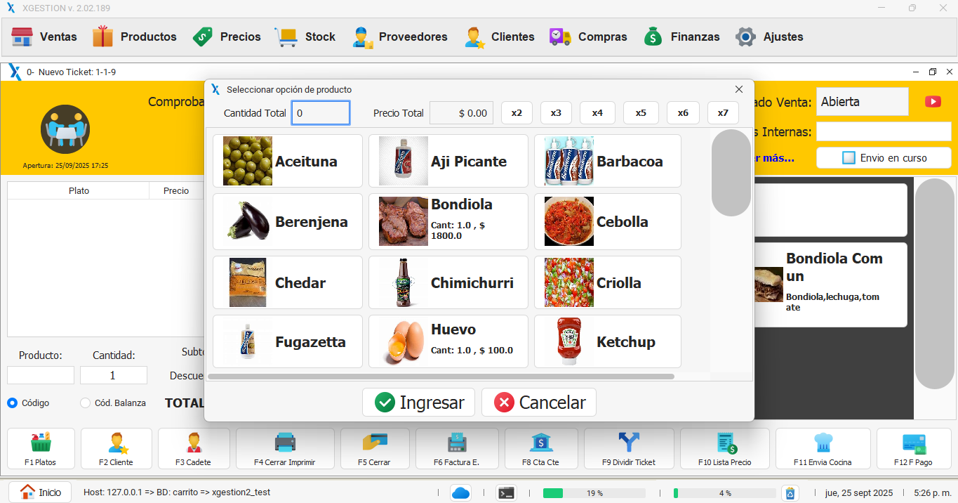 Dish option and ingredient selector in XGastronomía for a bar