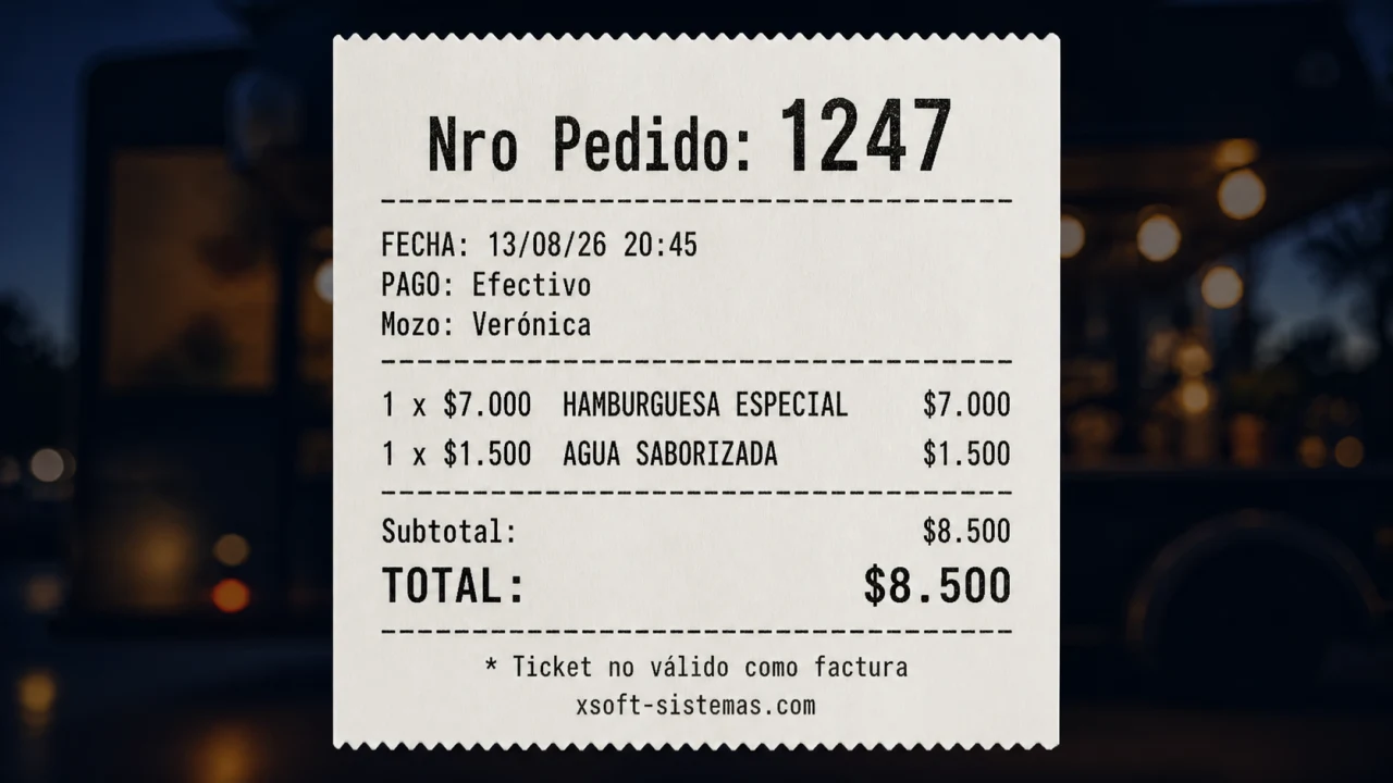 Modern digital bar ticket with order number, products, payment method and total