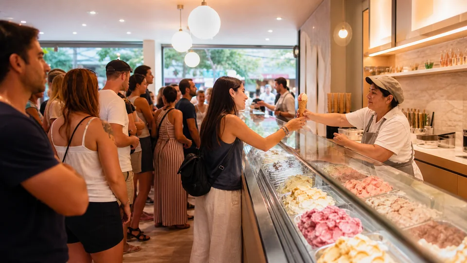 Customers waiting to order during an ice cream shop peak hour