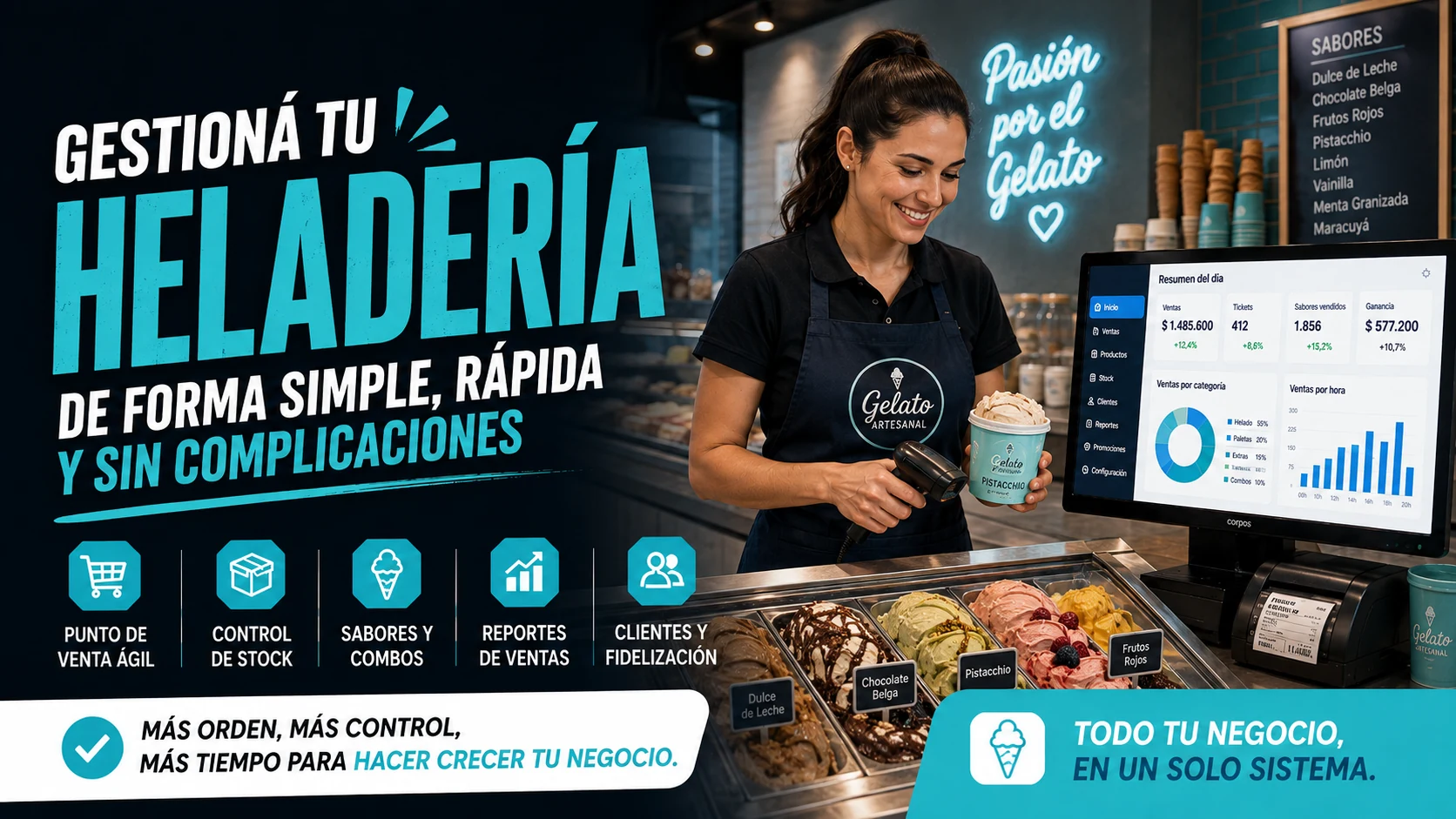 Heladería gestionada con punto de venta, control de stock, sabores y combos, reportes y clientes desde XGastronomía