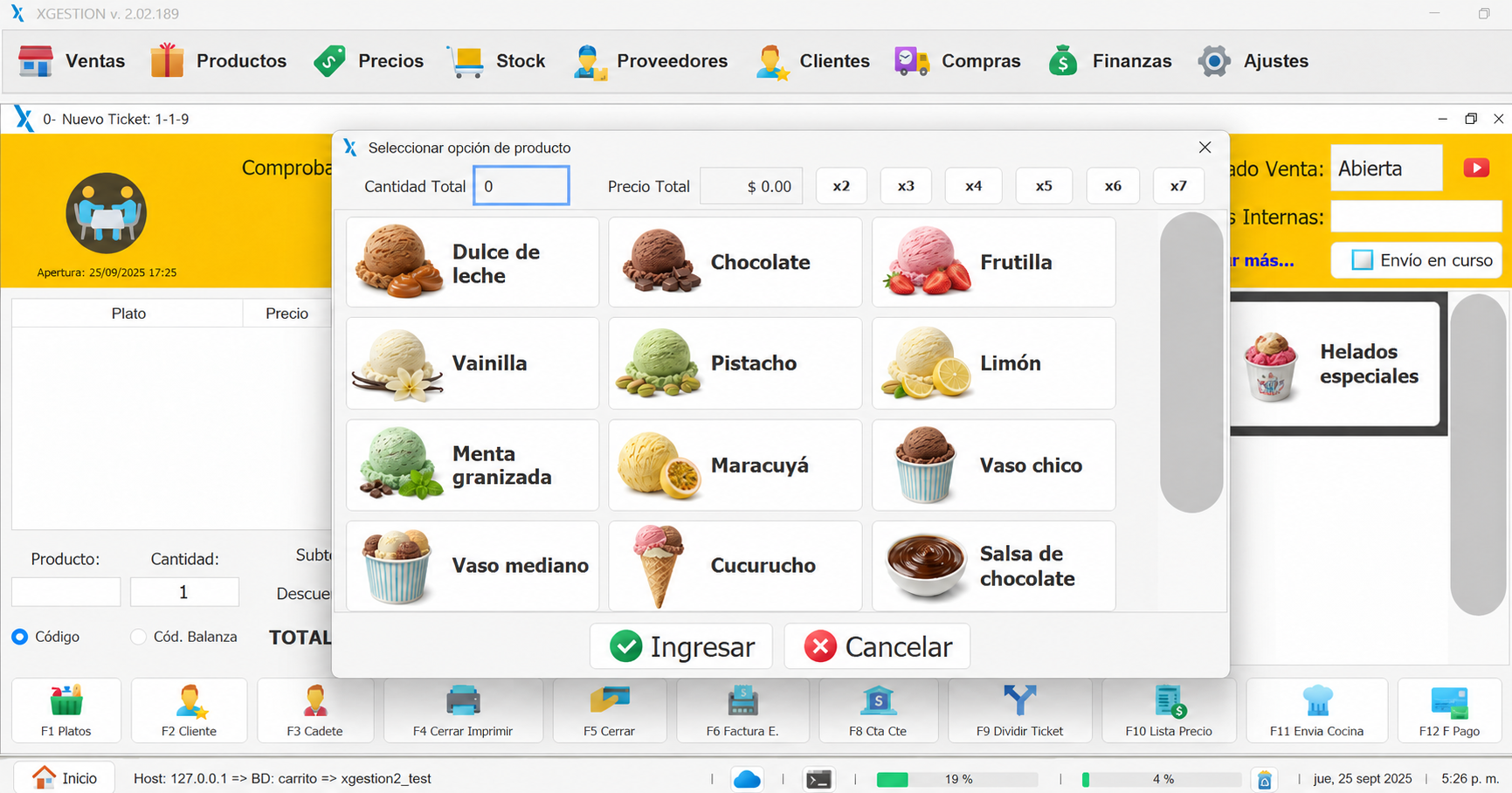 Flavor, size, container and add-on selector for an ice cream shop order in XGastronomía