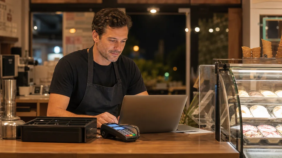 Ice cream shop manager reviewing prices, sales and cash closing