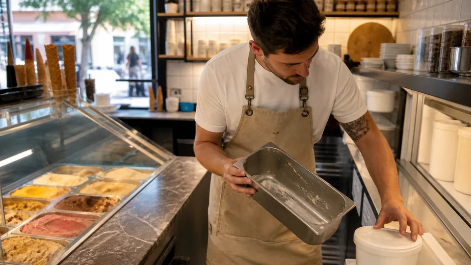 Ice cream shop employee checking a flavor and supplies before they run out