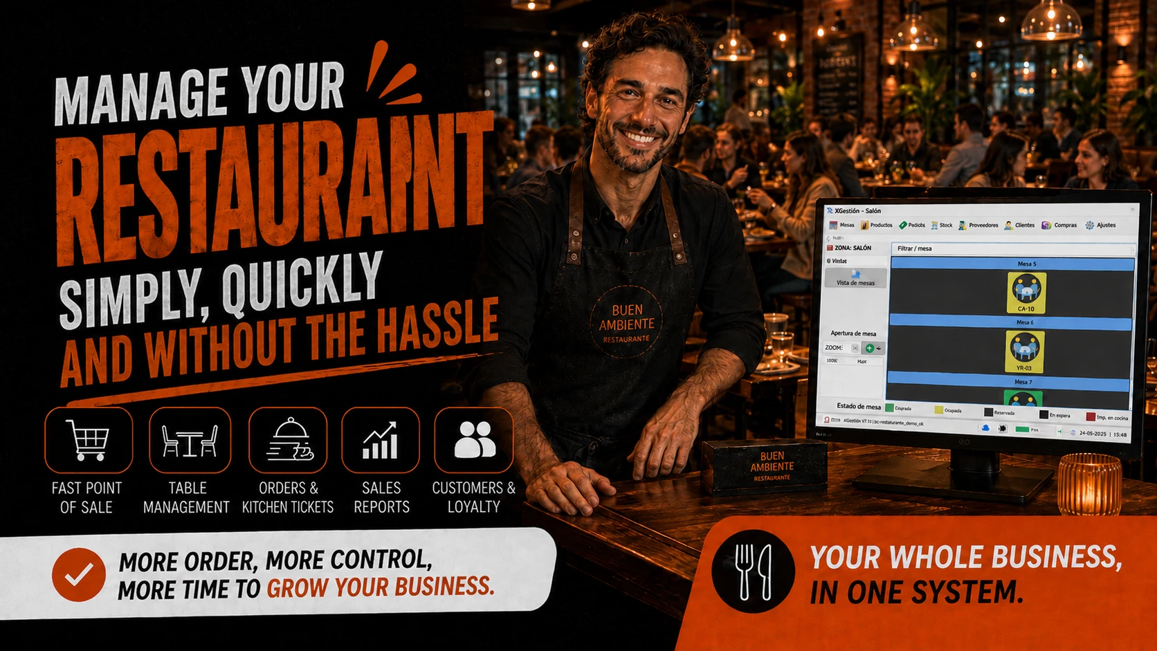 Complete restaurant management with point of sale, tables, kitchen orders, reports and customers connected