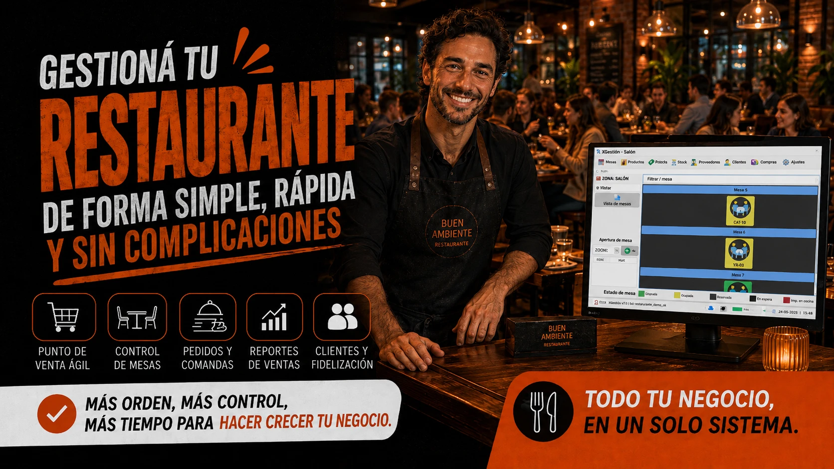 Gestión integral de un restaurante con punto de venta, mesas, comandas, reportes y clientes conectados
