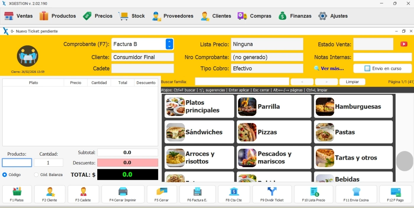 XGastronomía visual menu with dish families for bar order taking