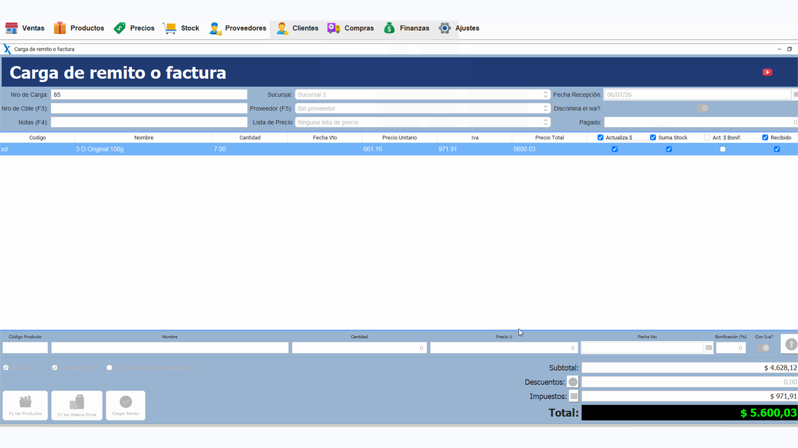 Delivery note or invoice entry screen in XGestion
