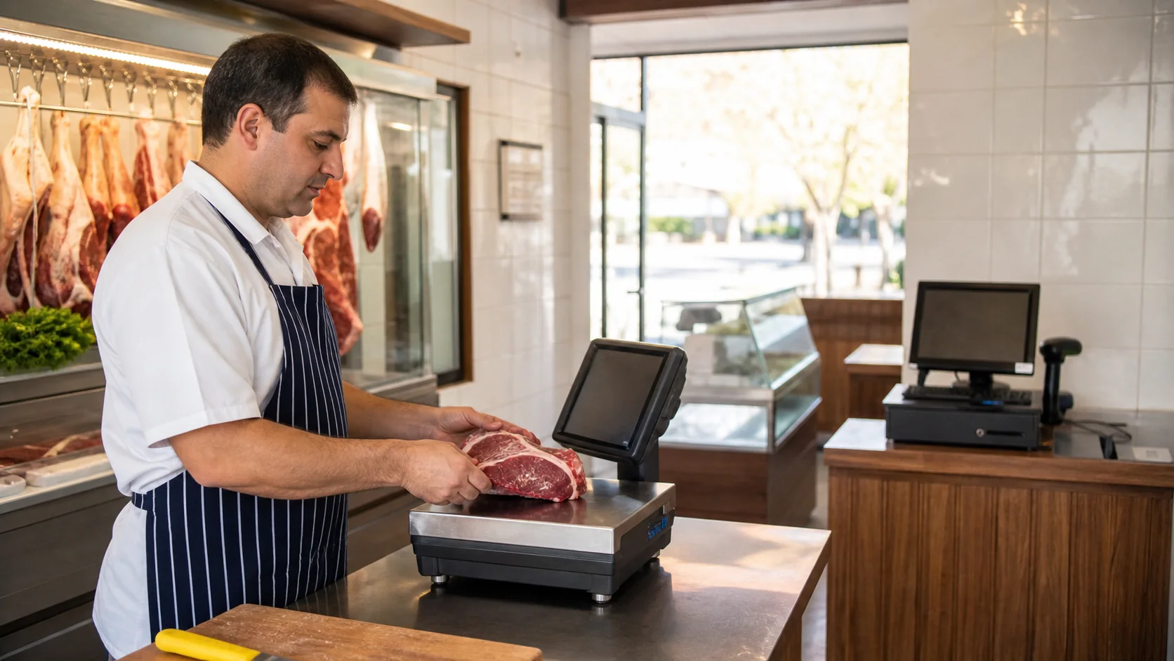 Butcher weighing a cut beside a separate scale and checkout station