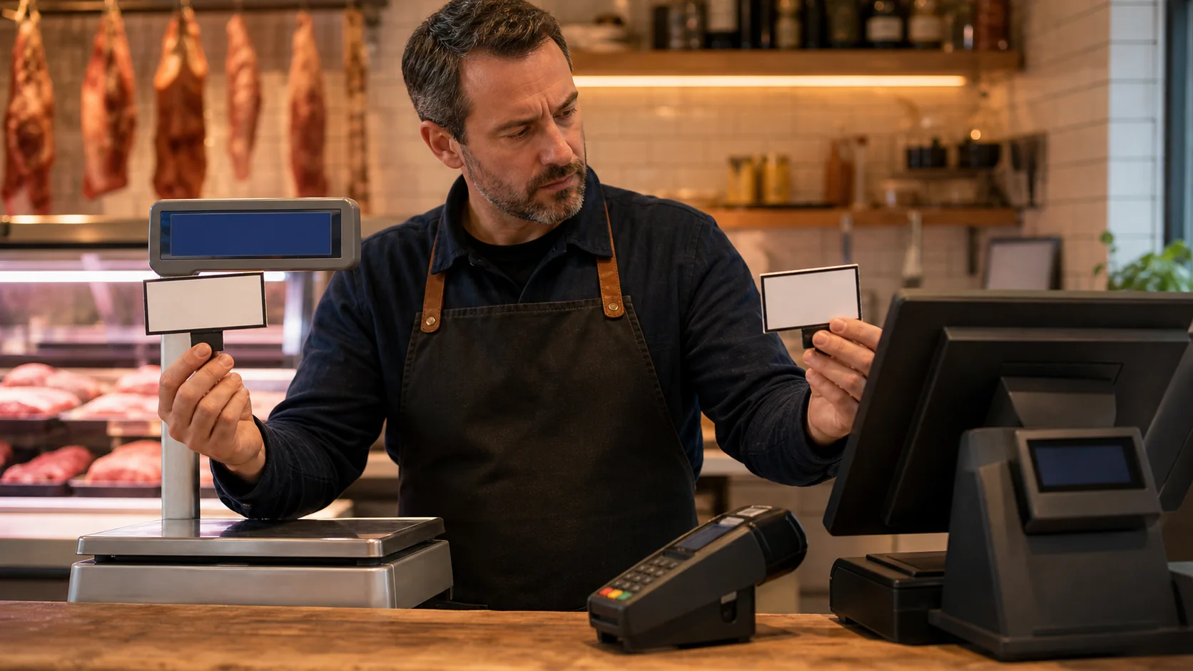 Butcher shop manager comparing prices between the scale and checkout