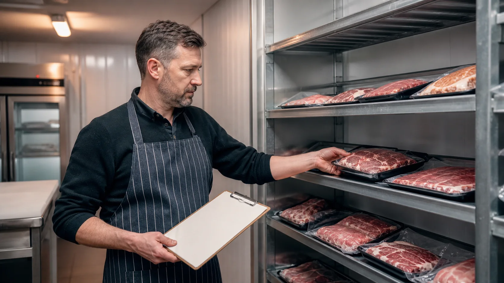 Butcher shop owner reviewing inventory and shrinkage in cold storage