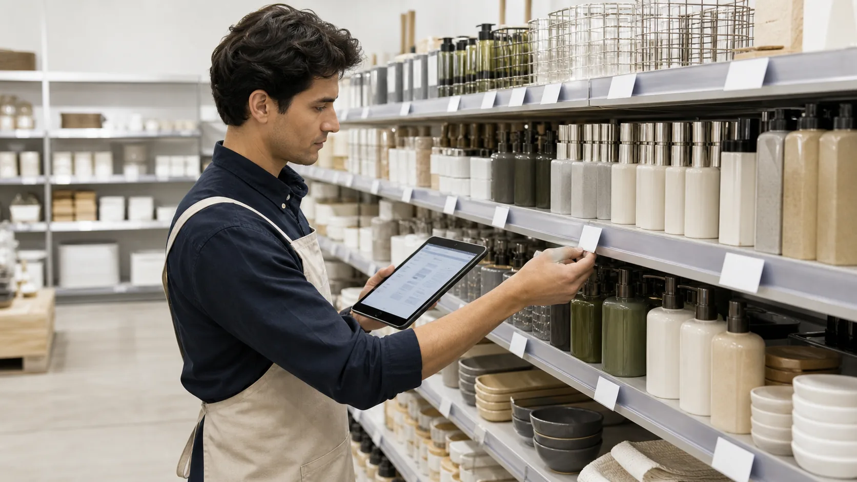 Employee updating prices and labels on a retail shelf