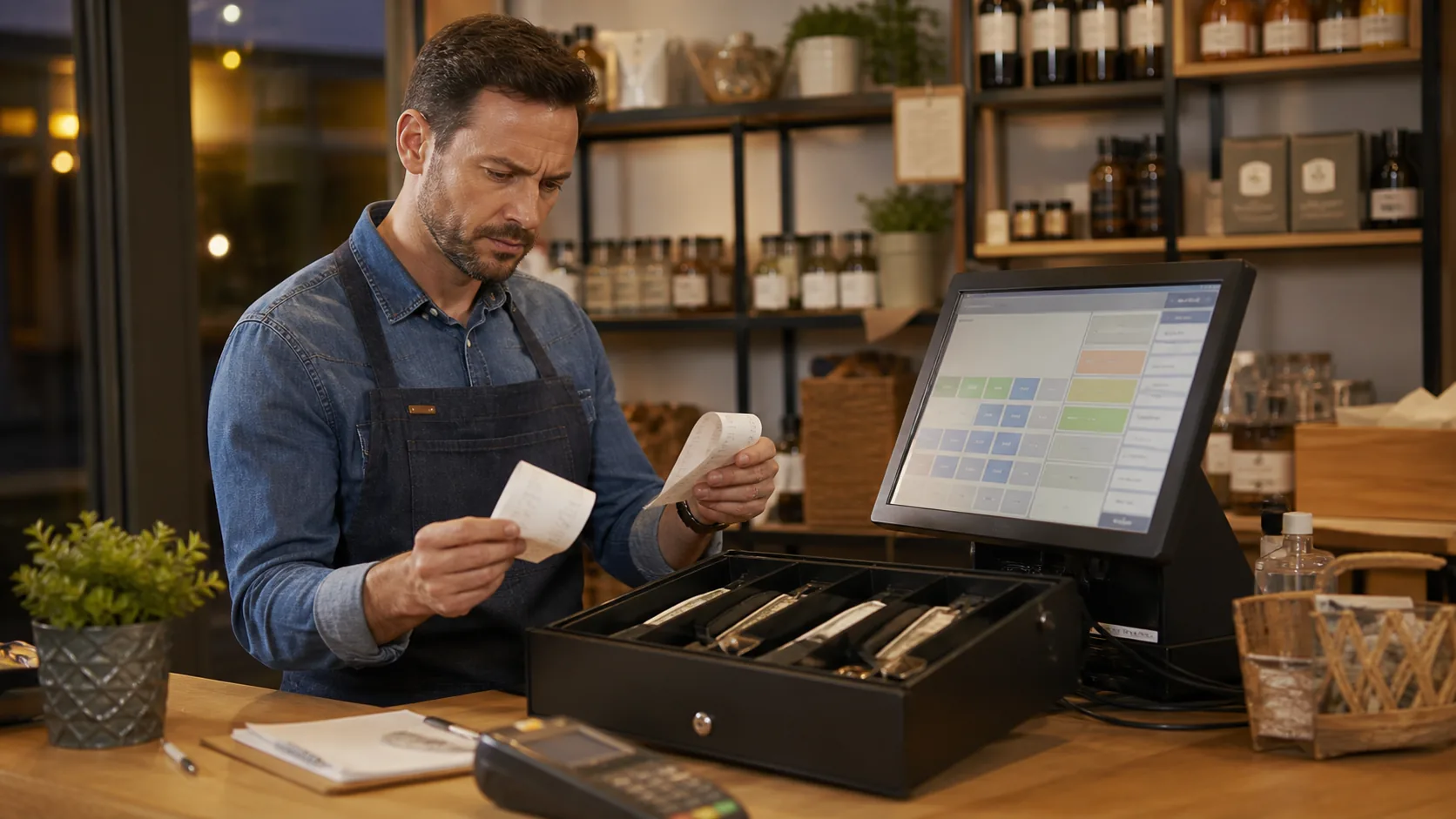 Store manager reviewing cash-closing differences