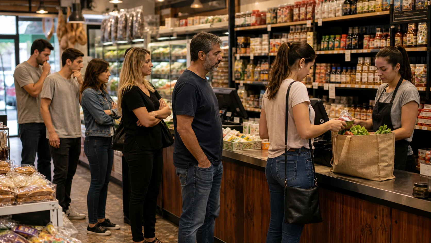 Customers waiting in line to be served at a store