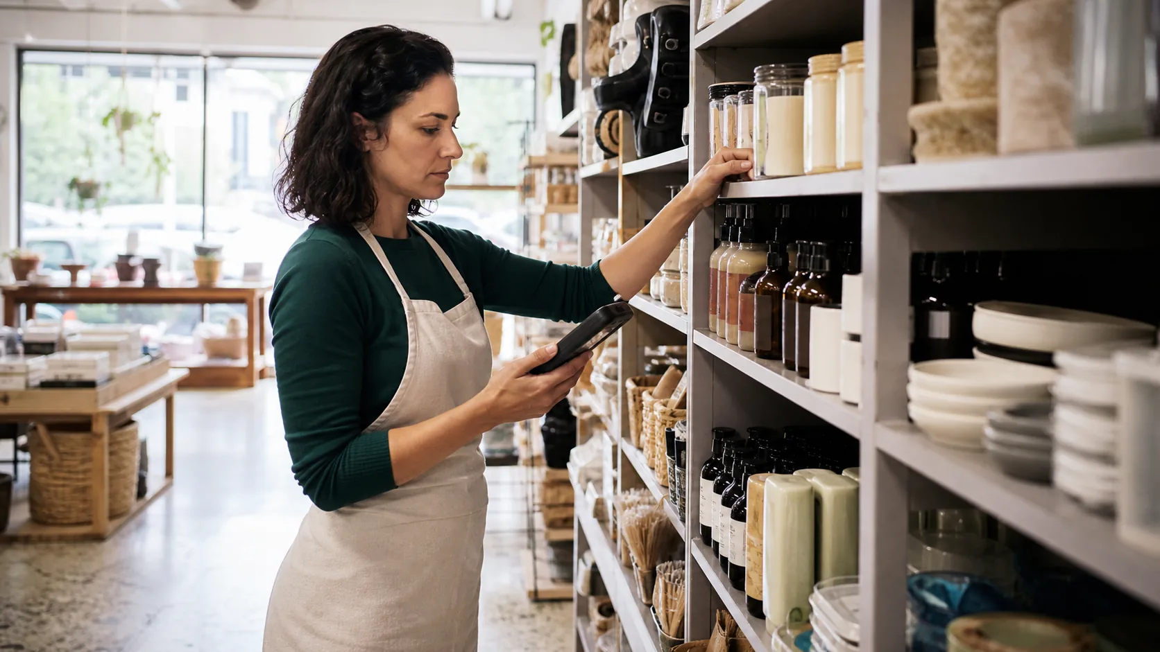 Store manager checking inventory on a retail shelf