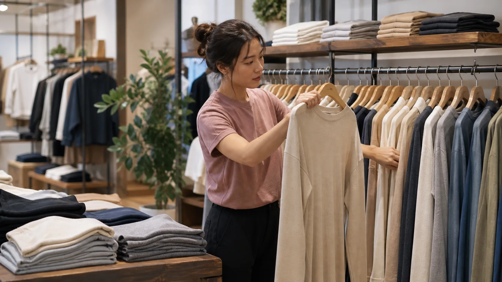 Salesperson looking for the correct size and color among different garments