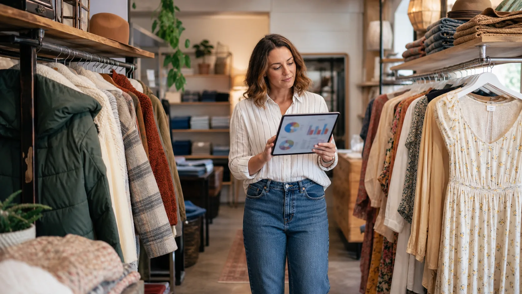 Apparel store owner analyzing garment turnover by season