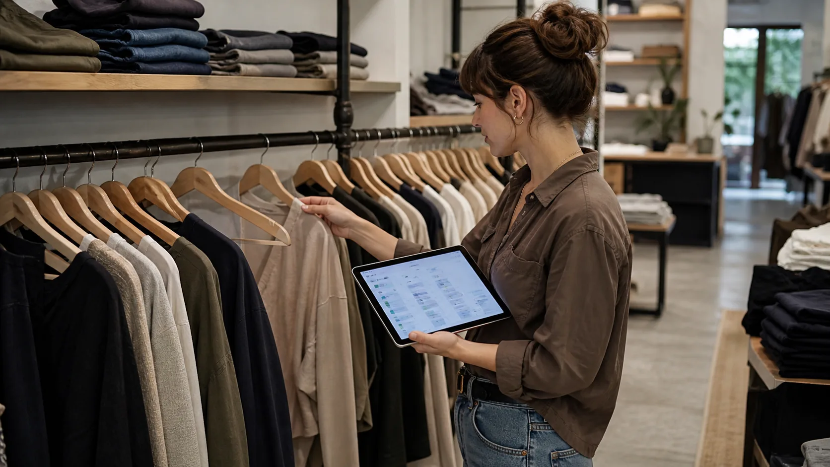 Salesperson comparing online inventory with garments available in the store