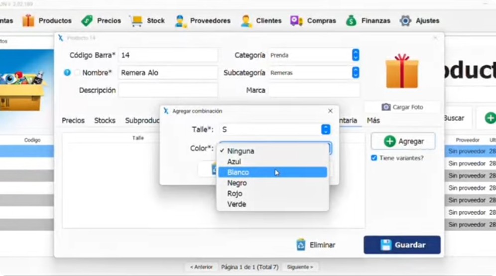 Apparel size and color configuration in XGestion