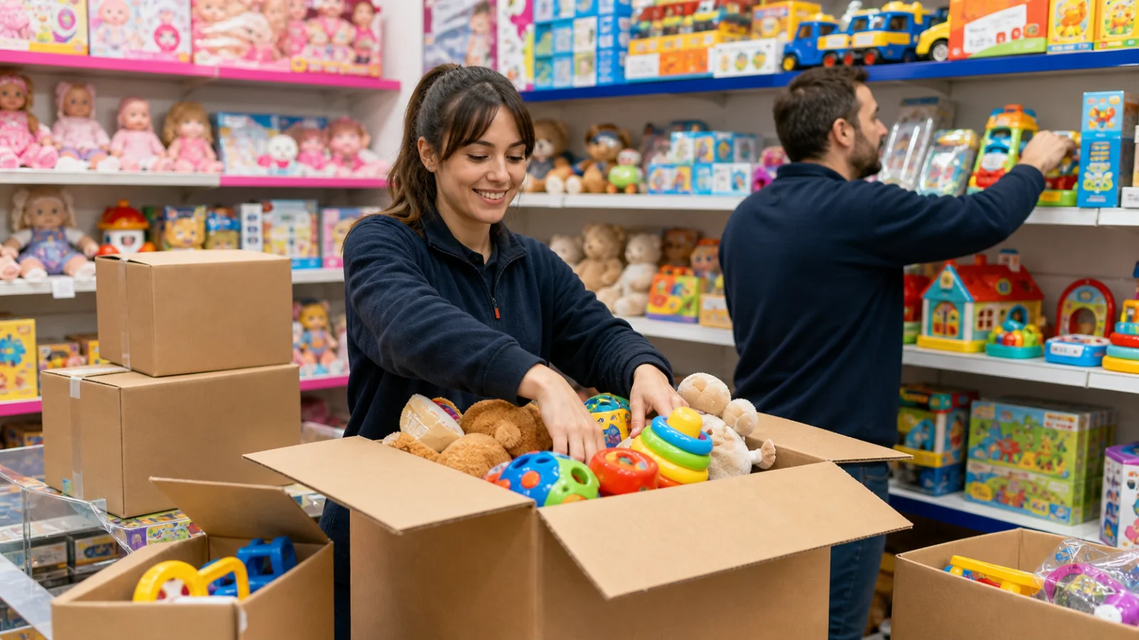 Team restocking merchandise in a toy store