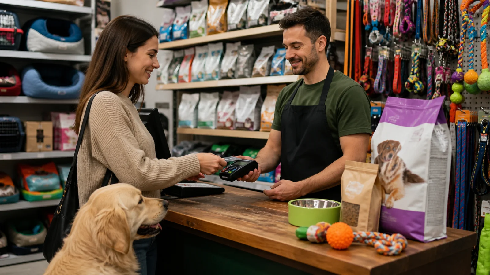 Customer making a secure payment in a pet shop