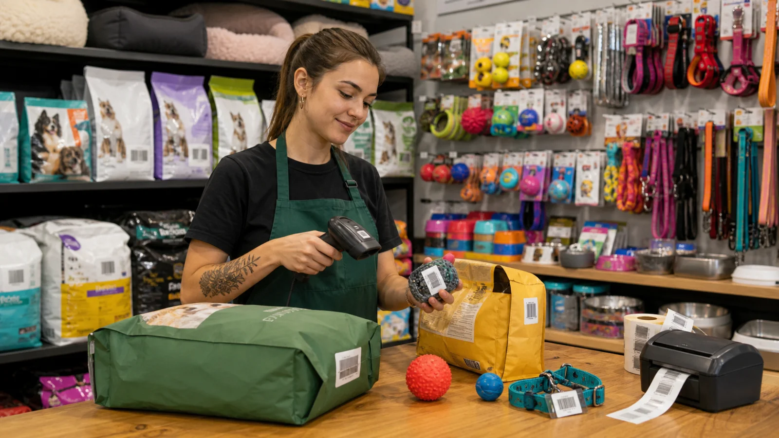 Employee identifying products with codes and labels in a pet shop