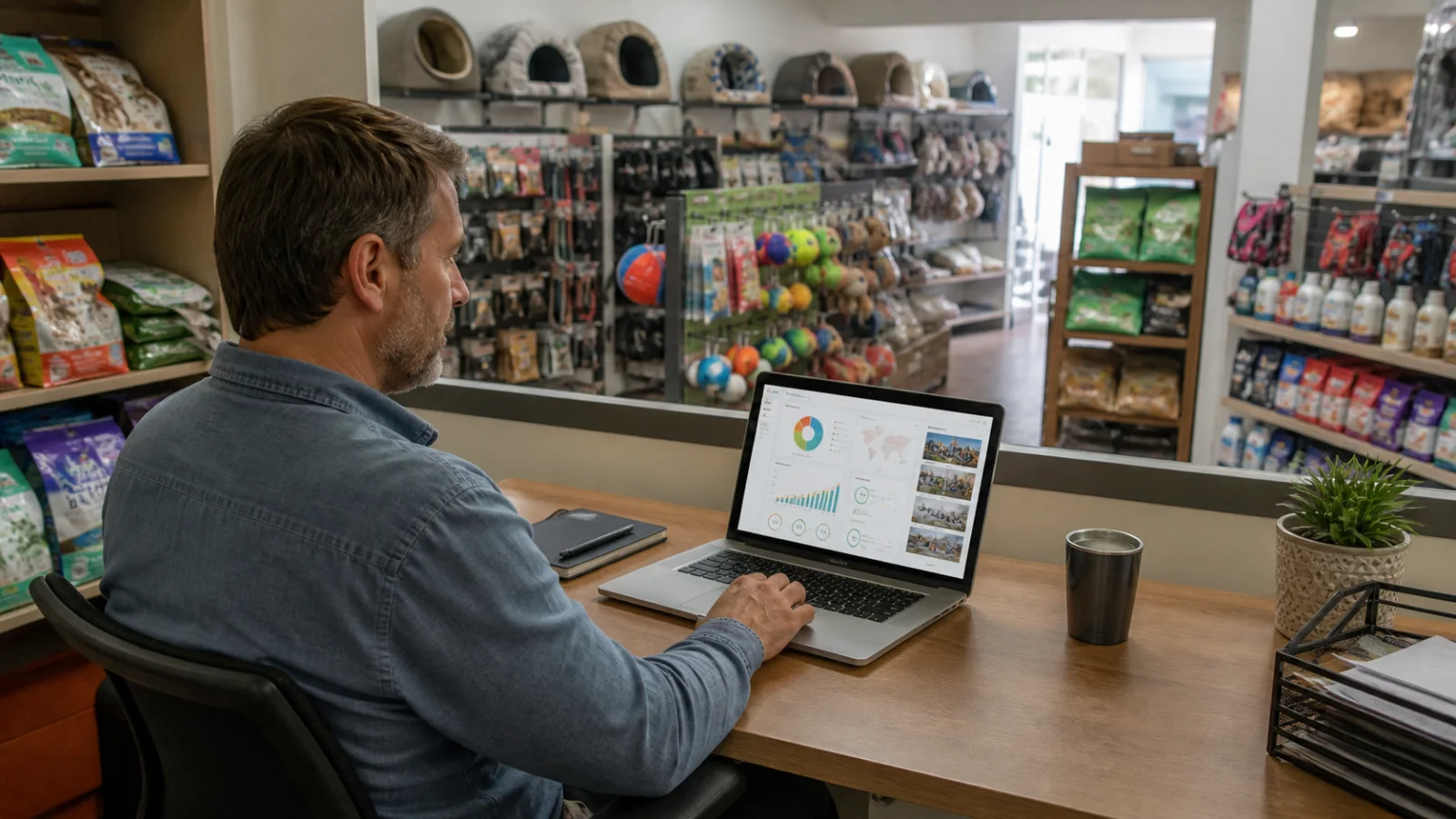 Manager monitoring multiple pet-shop branches