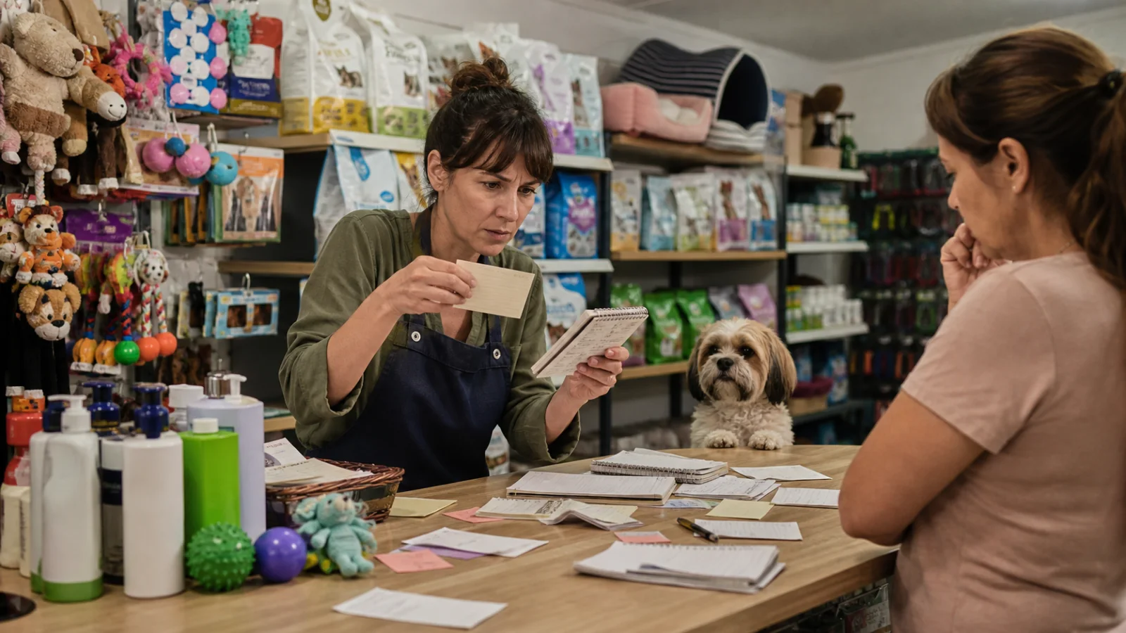 Manager reviewing promotions and customer accounts in a pet shop