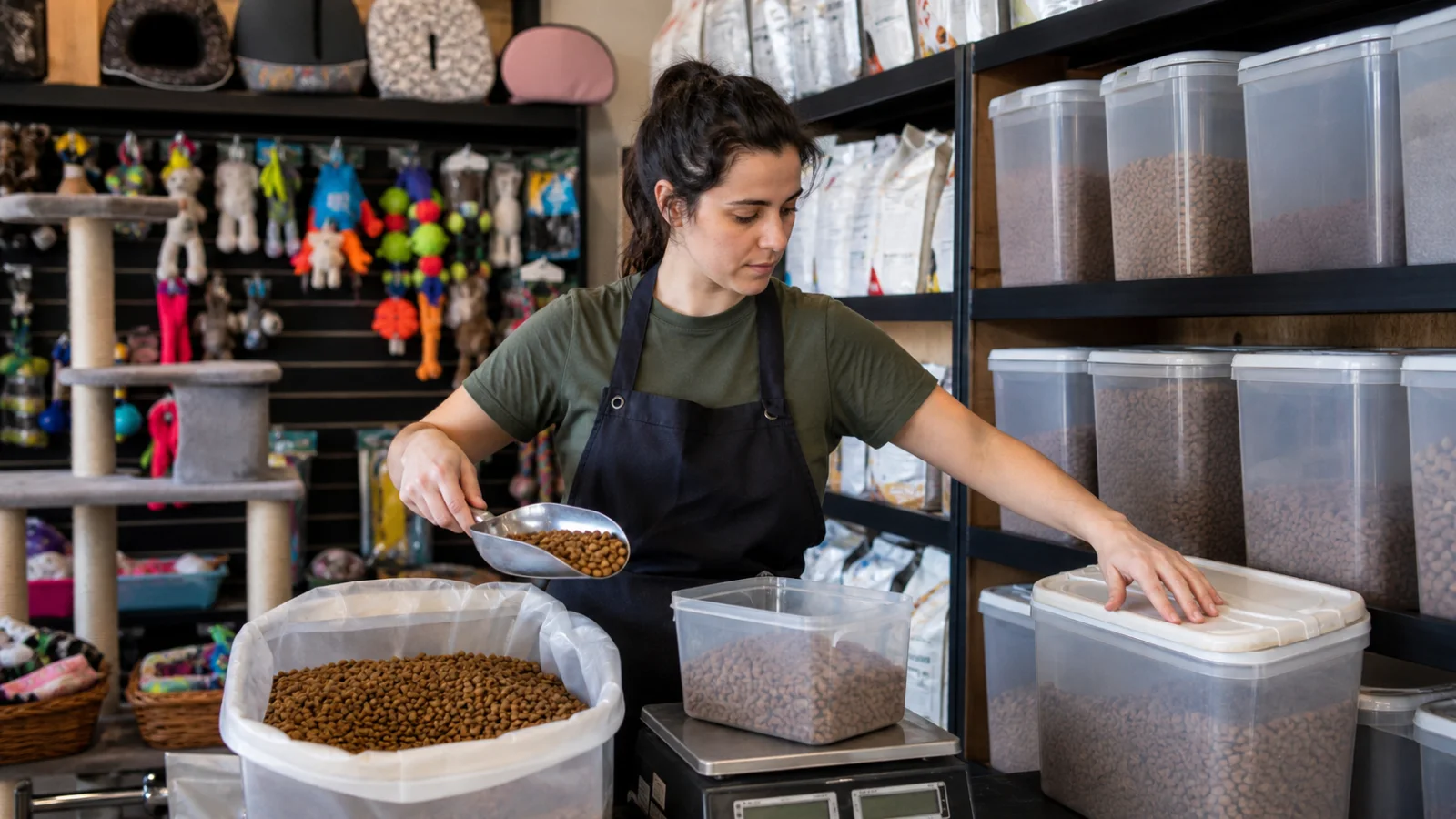 Employee checking fractional pet-food inventory in a pet shop