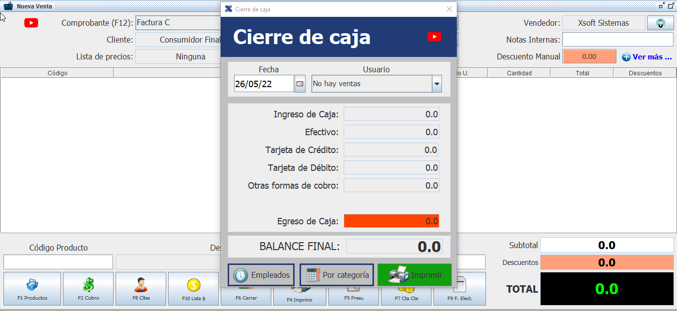 XGestion cash register closing screen