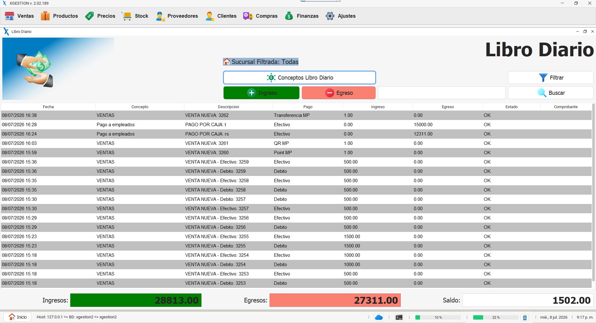 XGestion cash register and movement control screen