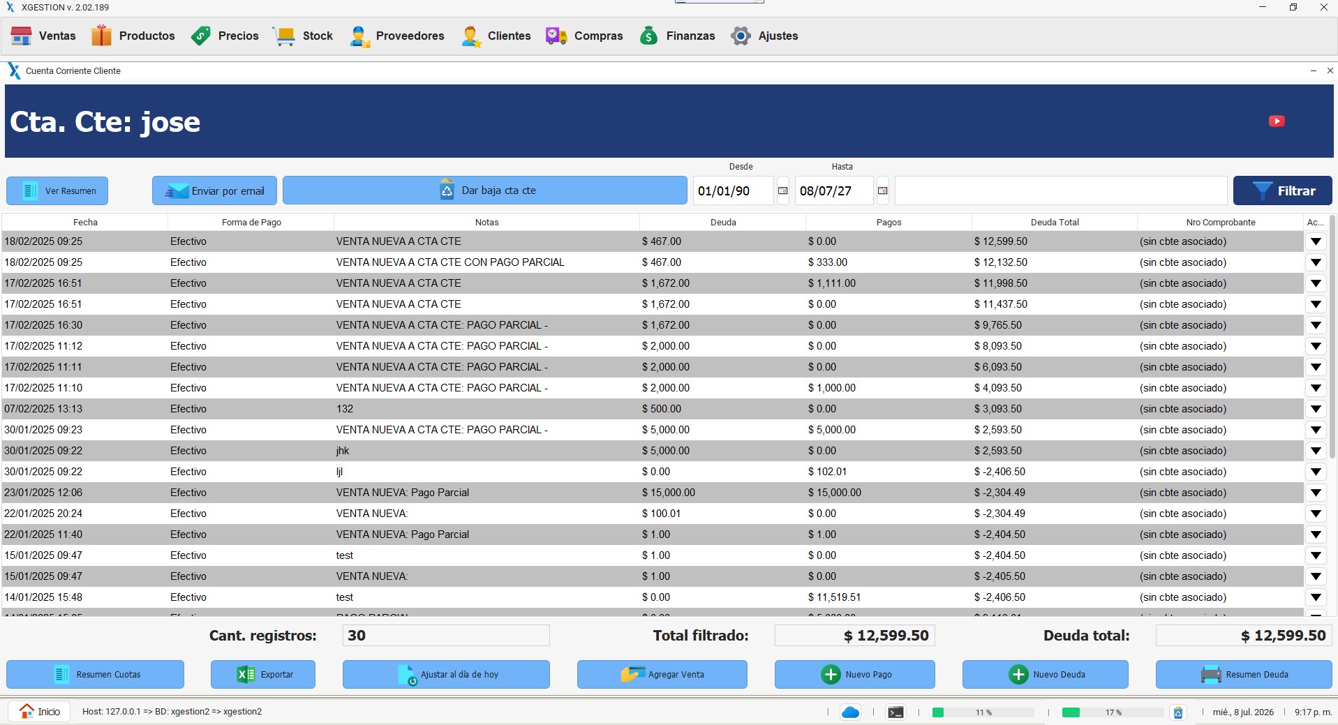XGestion customer and supplier accounts screen