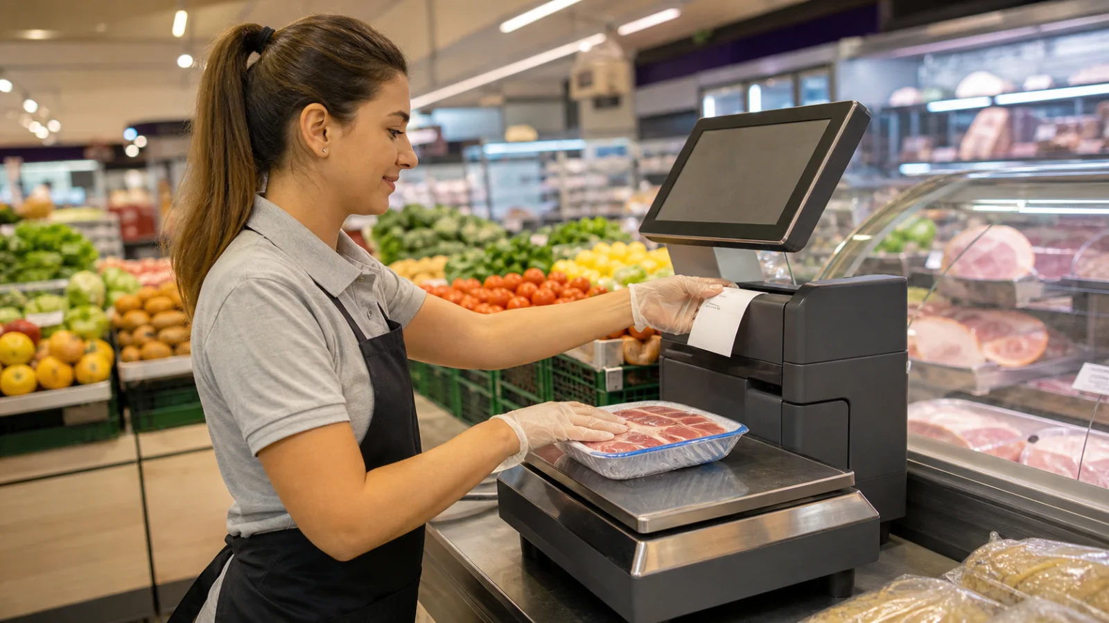 Supermarket scale printing a label for a weighed product