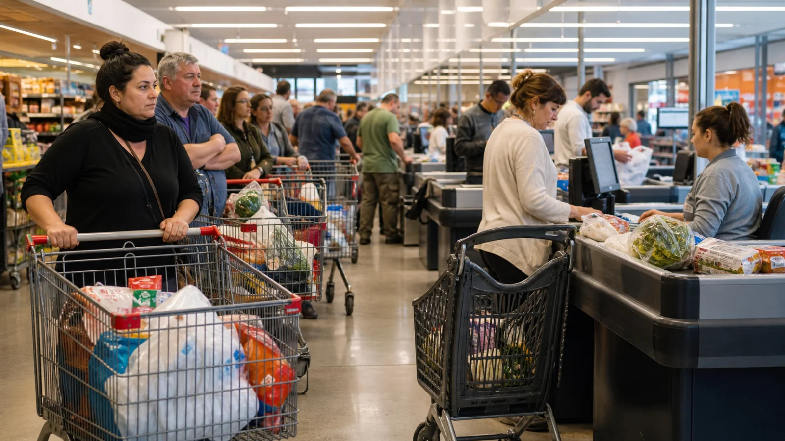Customers waiting in a supermarket checkout line