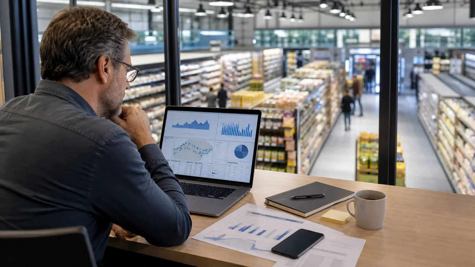 Manager monitoring multiple supermarket branches
