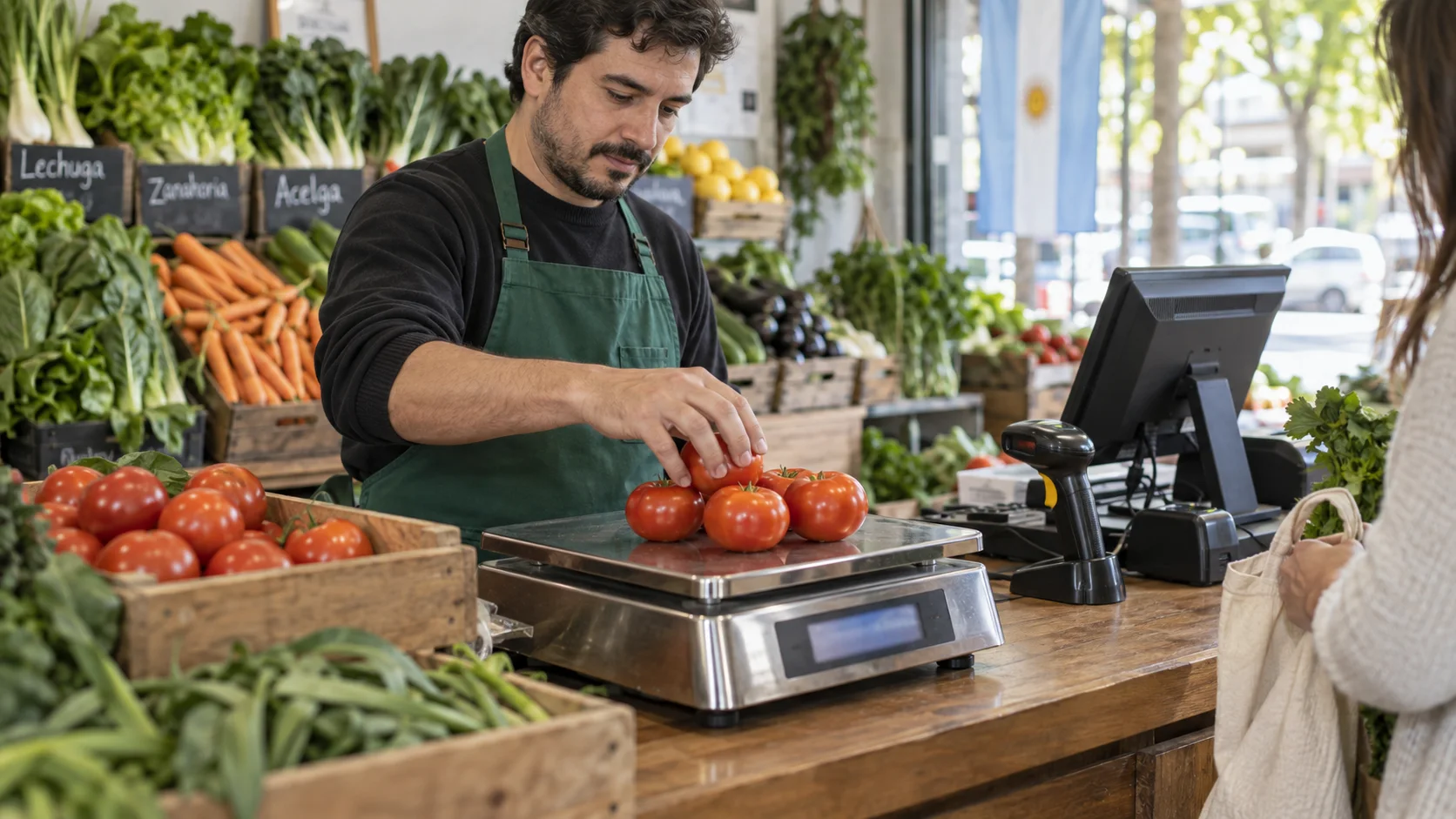 Greengrocer weighing tomatoes beside the checkout and a barcode reader