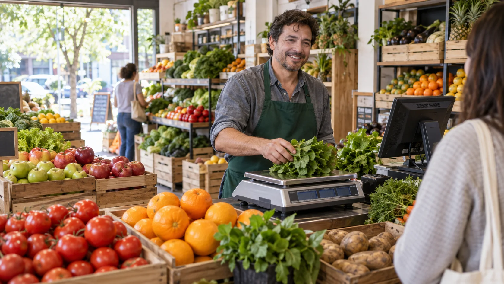 Greengrocer serving at a produce counter with fresh fruit, vegetables, a scale and a point of sale