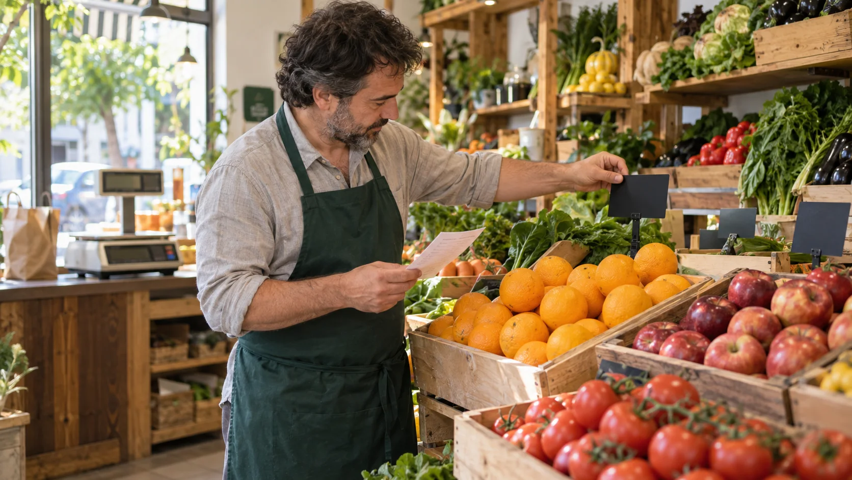 Manager checking a list and updating signs between fruit crates