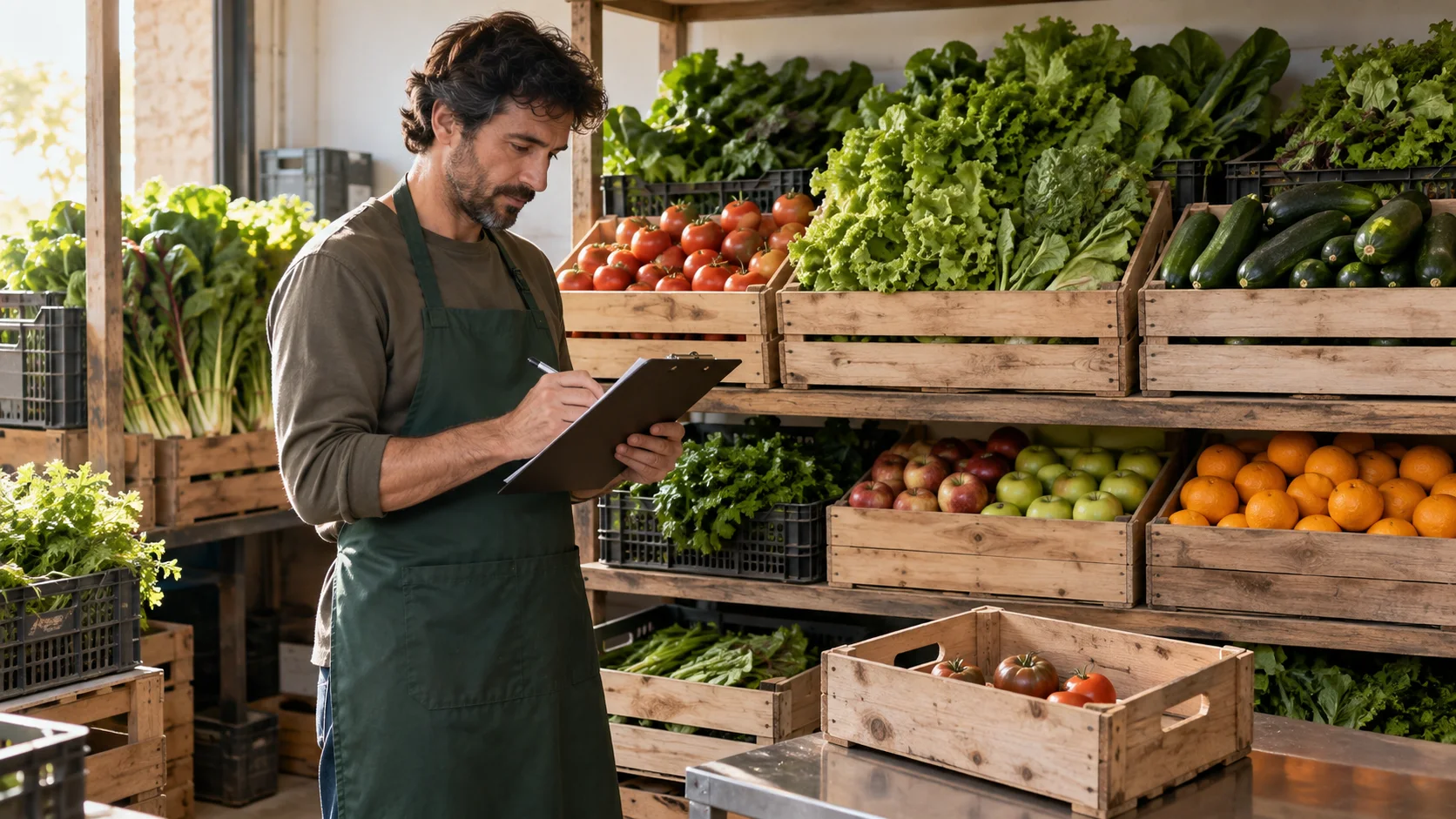 Produce shop manager checking inventory and sorting goods beside produce crates