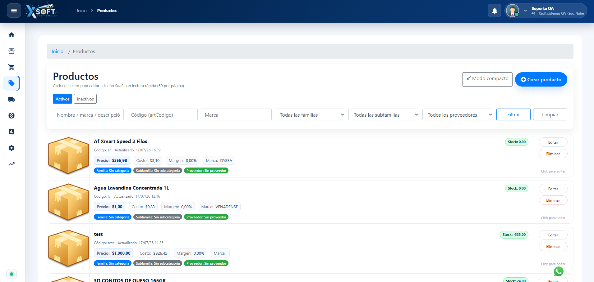 XPortal product management with prices, costs and stock
