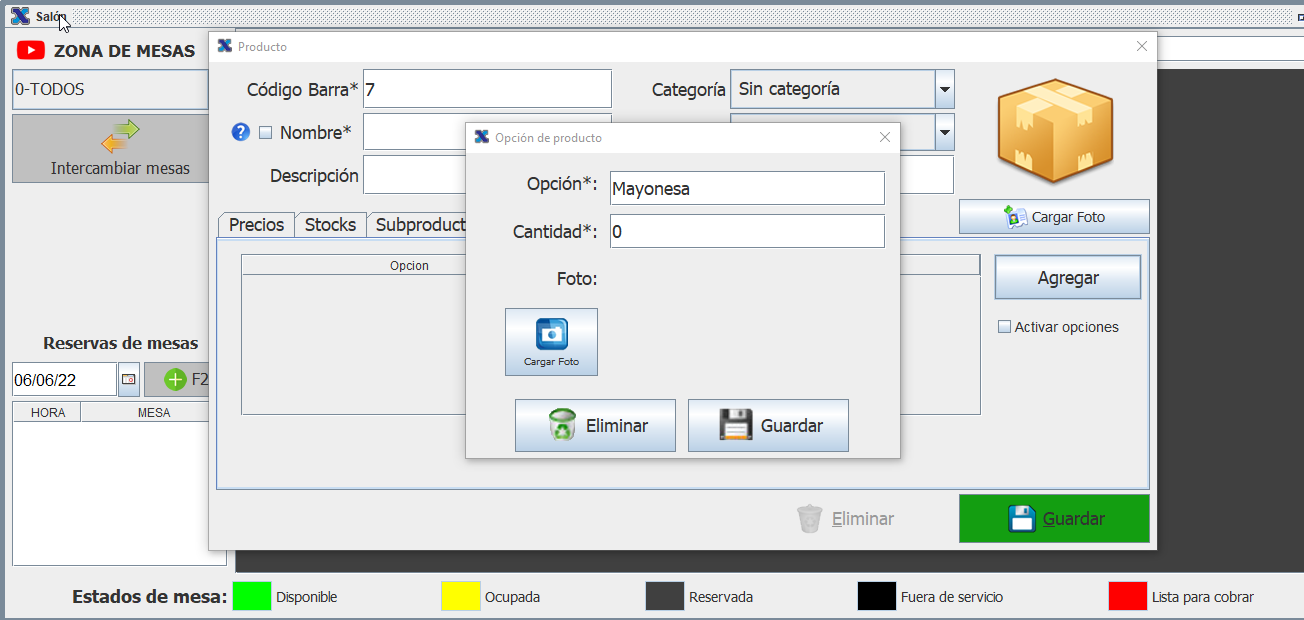 Food product option settings in XResto